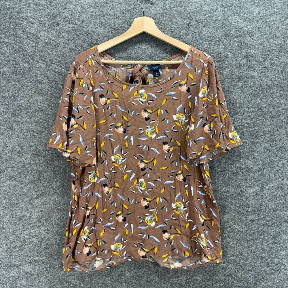 Daytrip T-Shirt Women M Medium Brown Floral Short Sleeve Open Back Rayon Casual